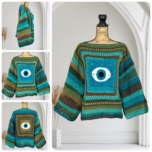 Handmade Crochet Evil Eye Sweater New handcrafted Bohemian Wide Sleeved - Picture 3 of 12